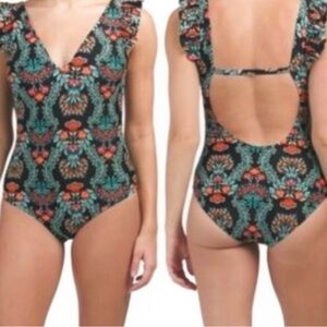 NEW Jessica Simpson One Piece Swimsuit Ruffle Shoulder Black Aqua Size S